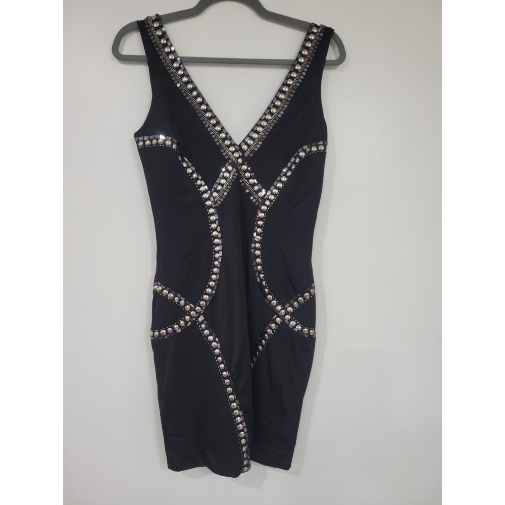 bebe black sequin gold Sliver bead embellished stud club dress Small